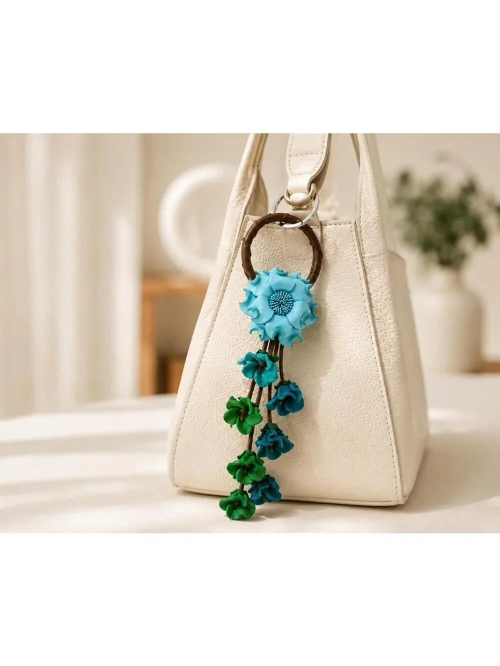 Handmade Leather Flower Keychain | Genuine Leather Loop Ring | Vintage Boho Gift